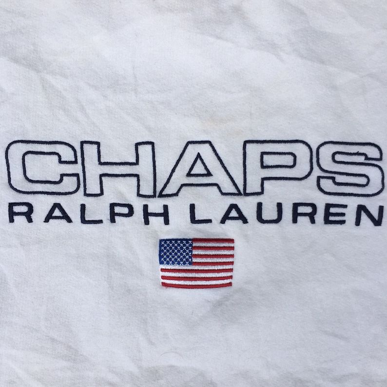 Vintage 90S Ralph Lauren Chaps Spell Out American Flag White Unisex Medium Sweatshirt Retro Streetwear Polo Sport Pullover Cozy Jumper Rare