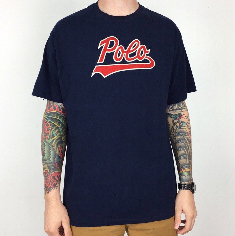 Vintage 90S Ralph Lauren Polo Sport Script Spell Out Made In Usa Single Stitch Navy Blue Graphic Tee T Shirt