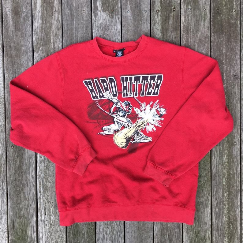 Vintage 90S Red Baseball Hard Hitter Mlb Joe Boxer Retro Womens Cotton Blend Small Sweatshirt Baseball Sportswear Soft Cozy Winter Jumper