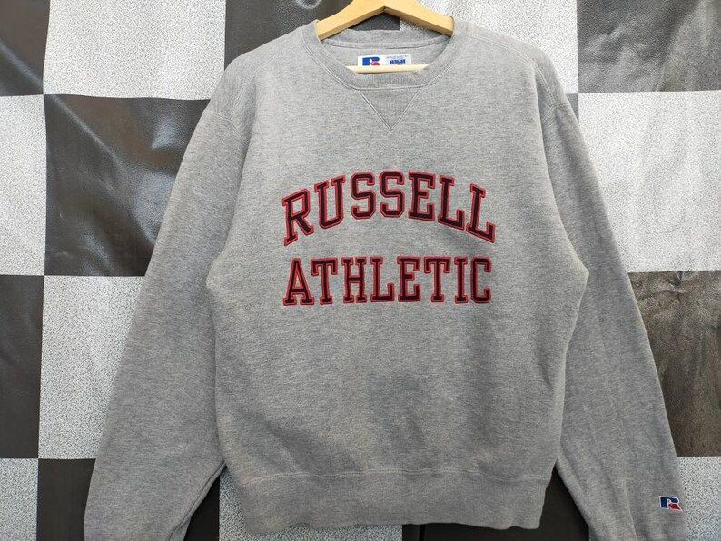 Vintage 90S Russell Athletic Big Spellout Crewneck Pull Over Sweatshirt Grey Colour M Size Rare Item