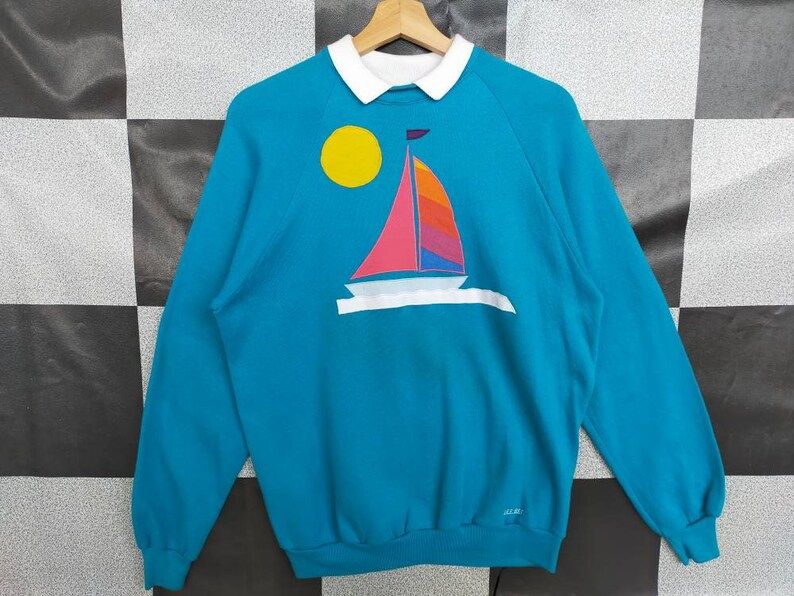 Vintage 90S Sail Embroidery Crewneck Pullover Sweatshirt Blue Colour L Size Rare Item