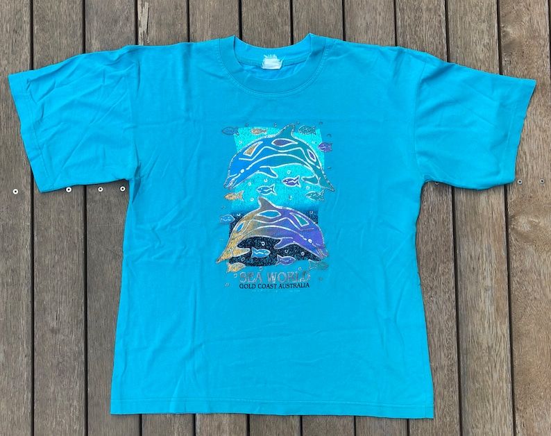 Vintage 90S Sea World 3D Glitter Tie Dye Dolphin Unisex Small Oversized Summer T Shirt Retro Hipster Sea World Australia Souvenir Tee