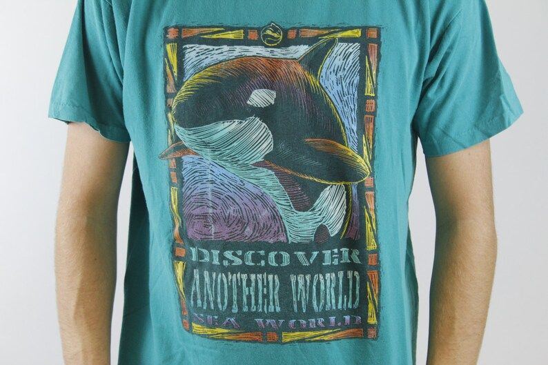 Vintage 90S Sea World Killer Whale Tee Rare Discover Another World Sea World Neon Teal Crazy Print Shirt Made In Usa Large