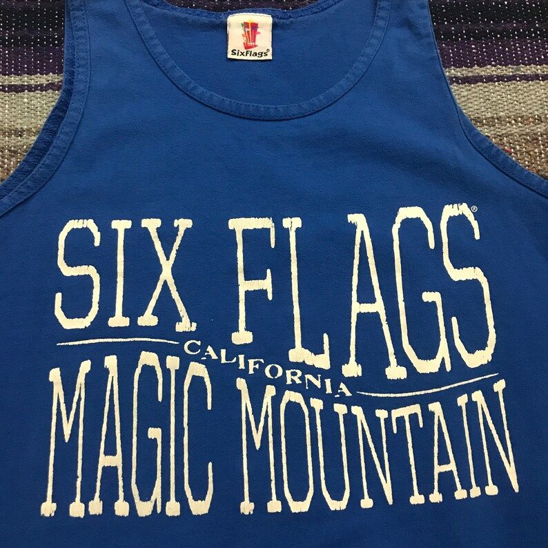 Vintage 90S Six Flags Tank Top Magic Mountain California Sleeveless Tee Mens Xs In Royal Blue Minimalist Aesthetic