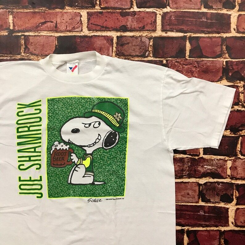 Vintage 90S St Pattys Day Shirt Saint Patricks Day Shamrock Shirt Irish Shirt Peanuts Snoopy St Patricks Shirt Mens In White