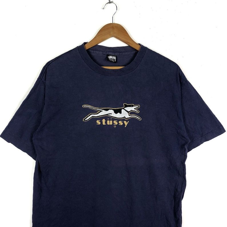 Vintage 90S Stussy Dogs Printed Spell Out Big Logo Stussy Street Fashion Darkblue Faded Colour Crew Neck Tshirt