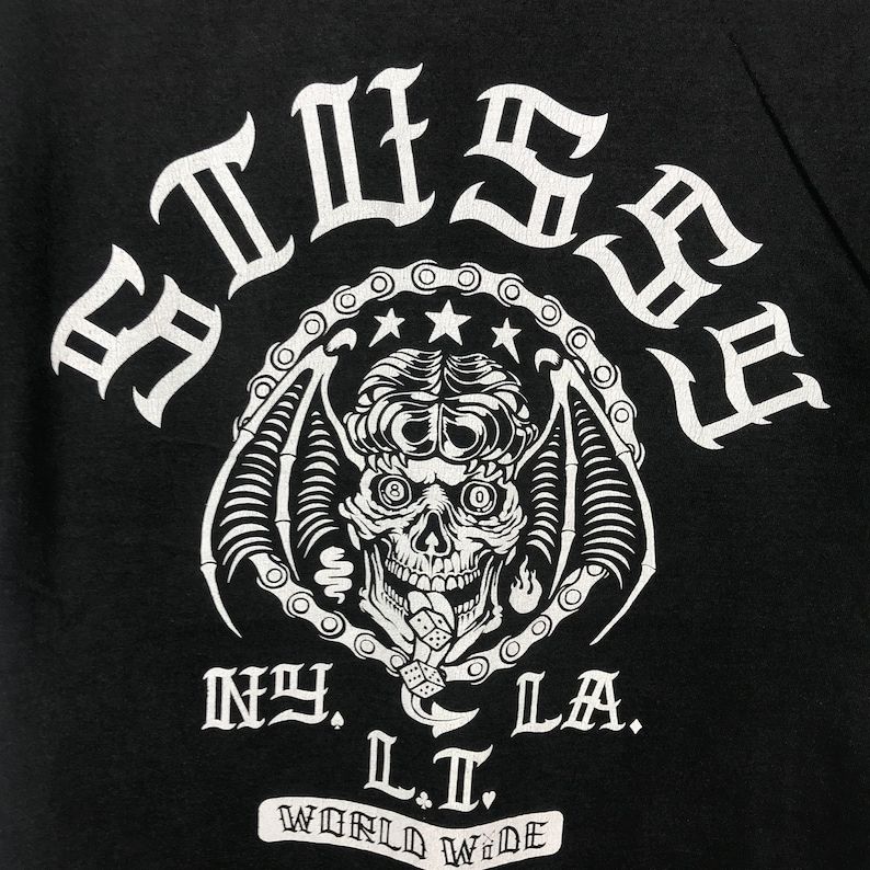 Vintage 90S Stussy World Wide Dragon Skull Big Print 90S Skateboarding Surf T Shirt