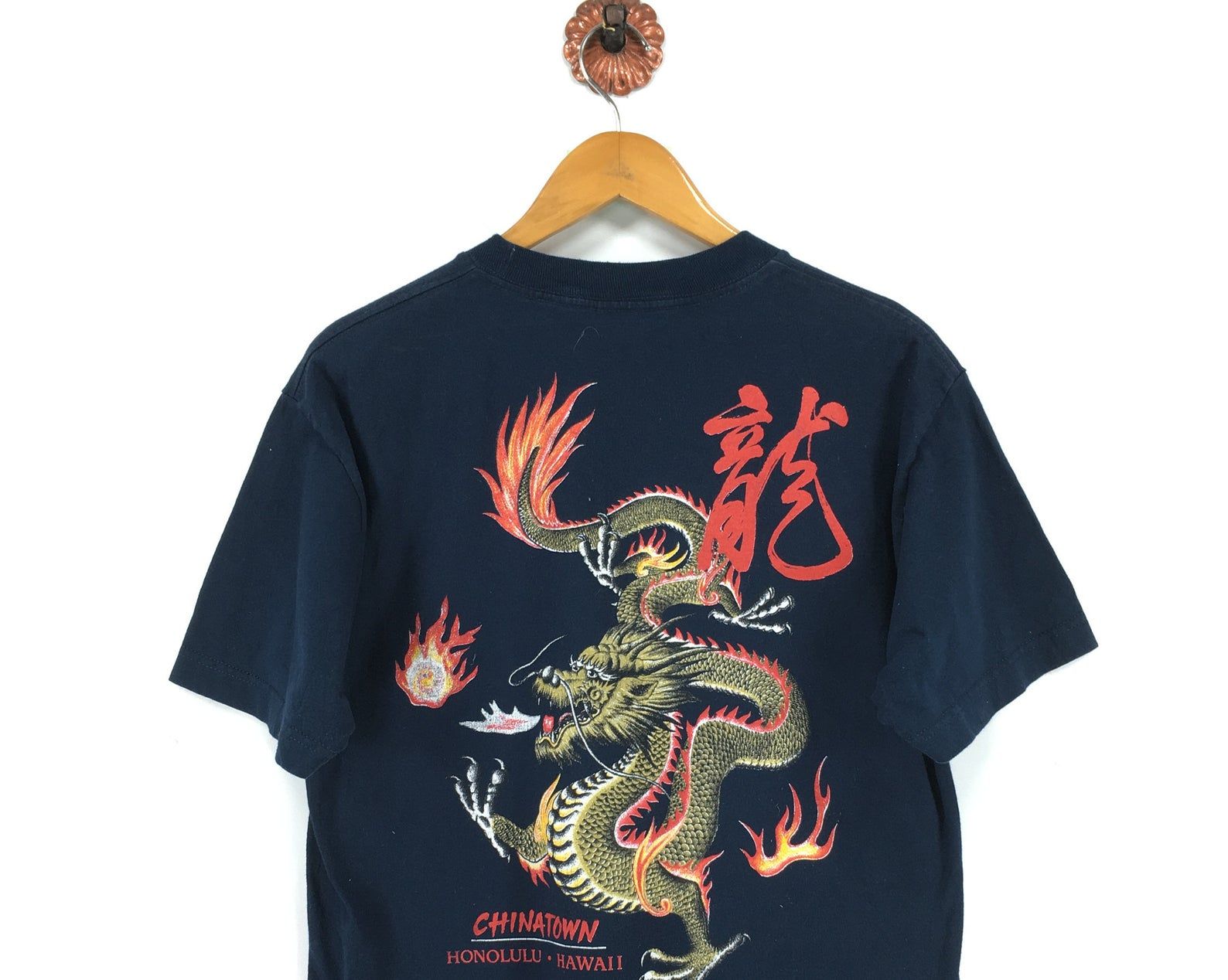 Vintage 90S Sukajan Dragon Tshirt Unisex Chinatown Honolulu Hawaii Sukajan Dragon With Flame Tattoo Style Souvenir Blue Tee M