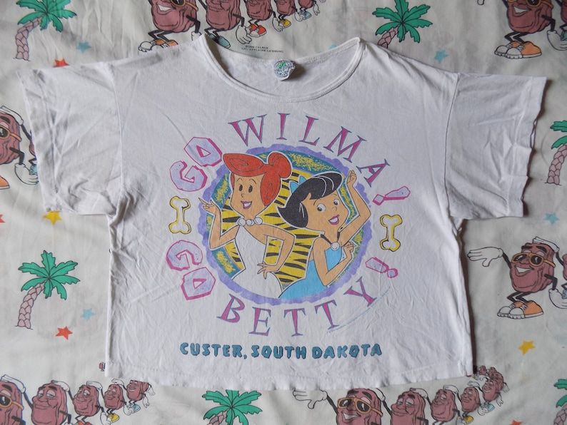 Vintage 90S The Flintstones Wilma And Betty Cropped T Shirt Arge 1995 Belly Shirt