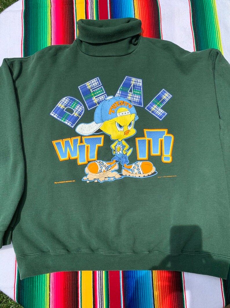 Vintage 90S Tweety Bird Deal With It Turtle Neck Oversized Sweatshirt Arge