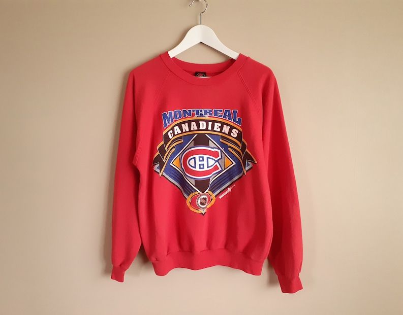 Vintage 90S Unisex Montreal Canadiens Sweatshirt 1993 Edium Nhl Hockey Sportacus Crewneck Raglan Sleeves Red Worn Thin