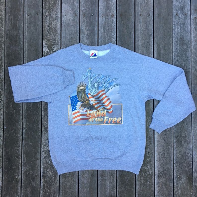 Vintage 90S Usa American Bald Eagle Land Of The Free Unisex Slouchy Small Sweatshirt Usa Statue Of Liberty Jumper Majestic Usa Sweatshirt