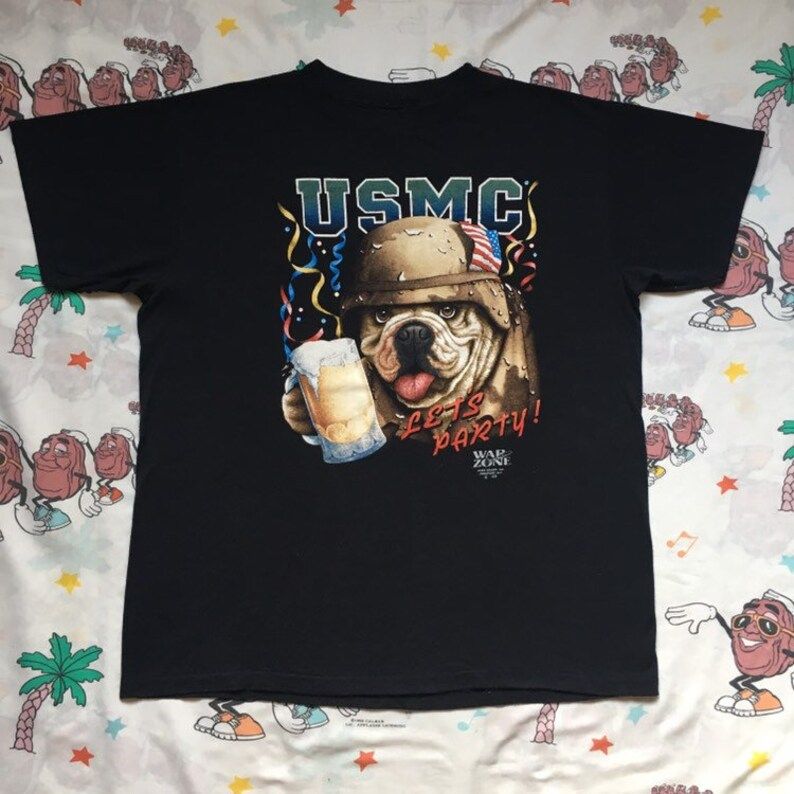 Vintage 90S Usmc Bulldog Lets Party 3D Emblem T Shirt Arge 1991