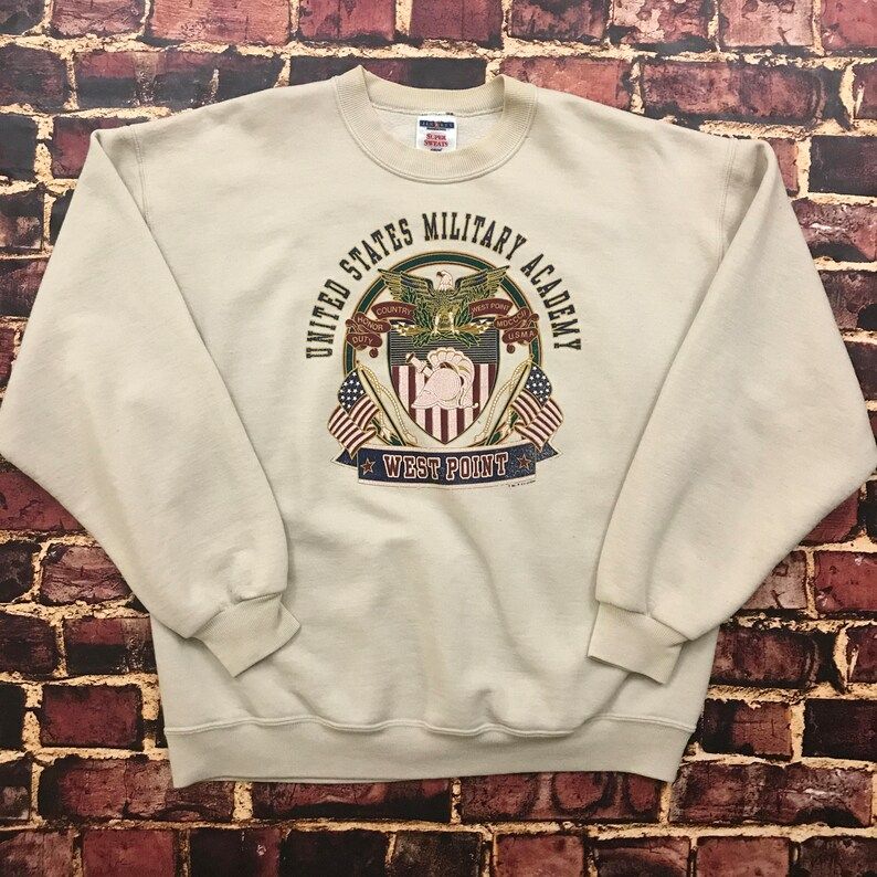 Vintage 90S Usmc West Point Sweatshirt Mens Military Academy Beige L Large Sweater 1990S Crewneck In Light Tan Off White Cream
