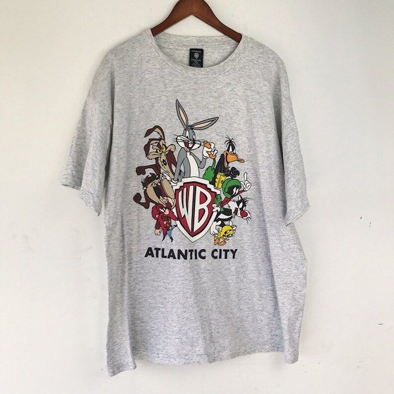 Vintage 90S Wb Looney Tunes Atlantic City Tourist Souvenir Gray Graphic T Shirt Ens Xxl
