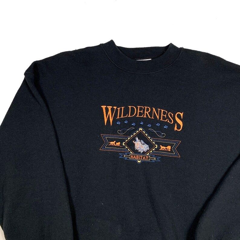 Vintage 90S Wilderness Habitat Black Embroidered Crewneck Sweatshirt Sweater Mens Arge