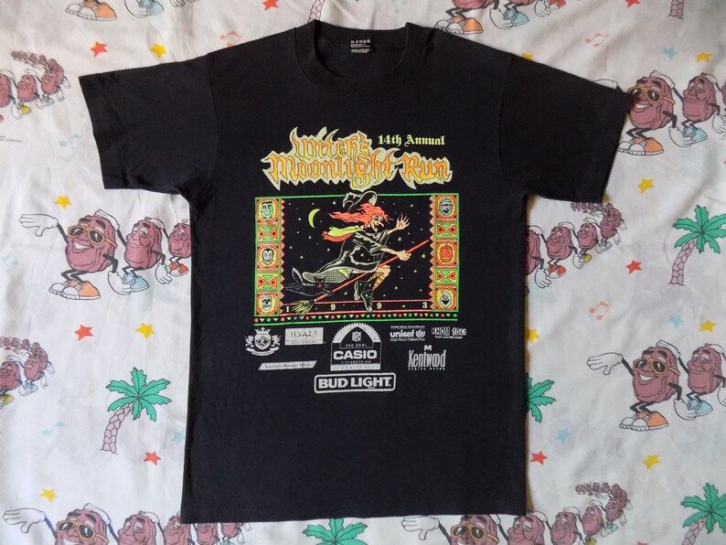 Vintage 90S Witchs Moonlight Run Marathon T Shirt Edium 1993 Bud Light Glows In The Dark