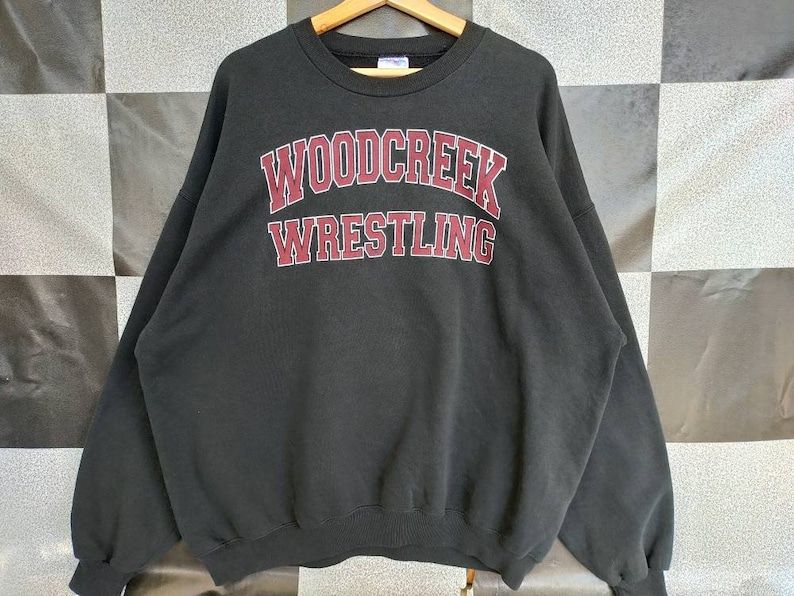 Vintage 90S Woodcreek Wrestling Crewneck Sweatshirt Big Print Pullover Sweatshirt Black Colour Xxl Size Rare Item