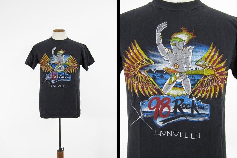Vintage 98 Rock Honolulu T Shirt Radio Hawaii Black Robot 80S Hanes Made In Usa vintage 98 rock honolulu t shirt radio hawaii black robot 80s hanes made in usa rod3e