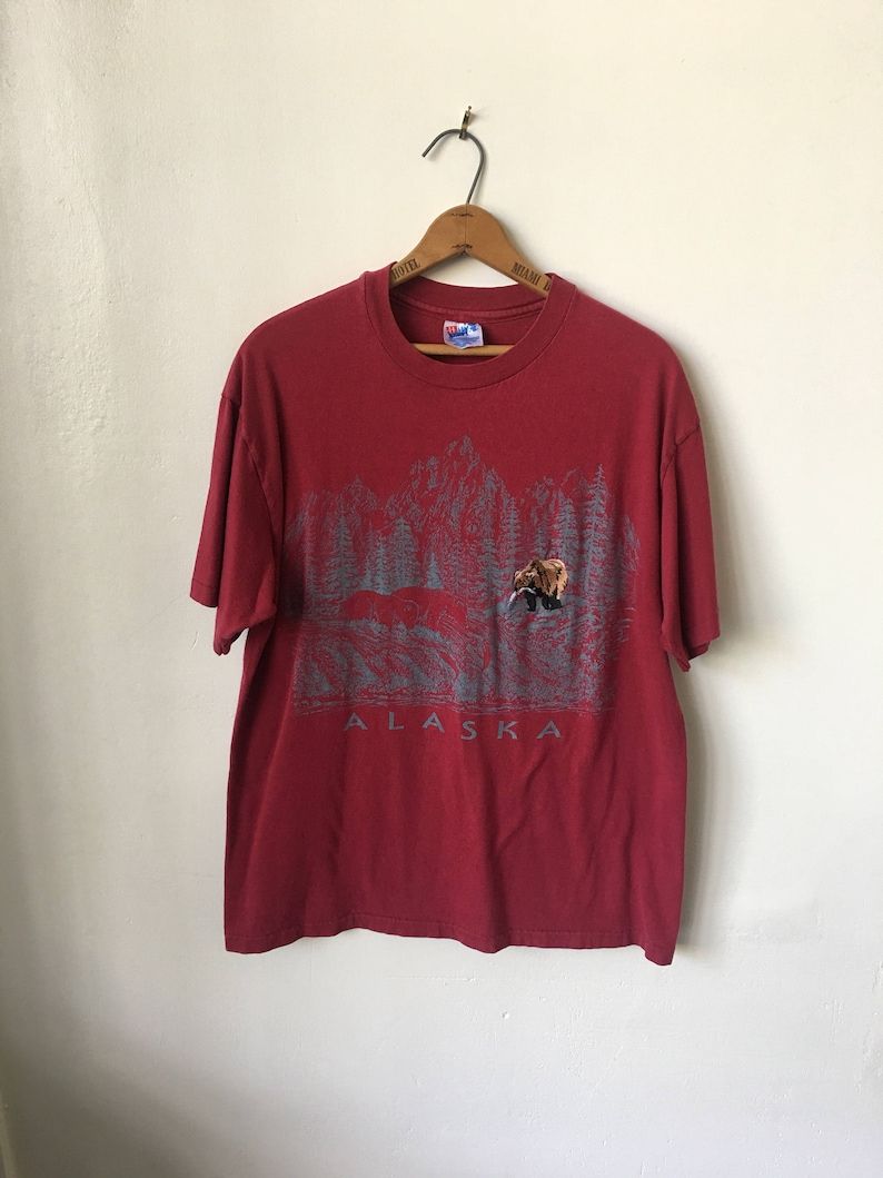 Vintage Alaska 1990S 90S Alaska Bear Embroidered Mountain Graphic Red And Gray T Shirt