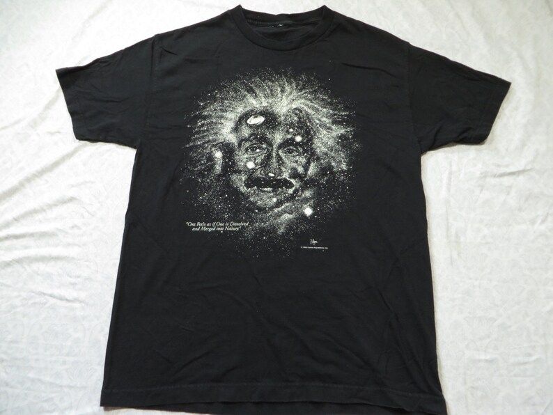 Vintage Albert Einstein Tee Shirt Black White Galaxy Print Merged Into Nature 90S Mens Large Made In Usa