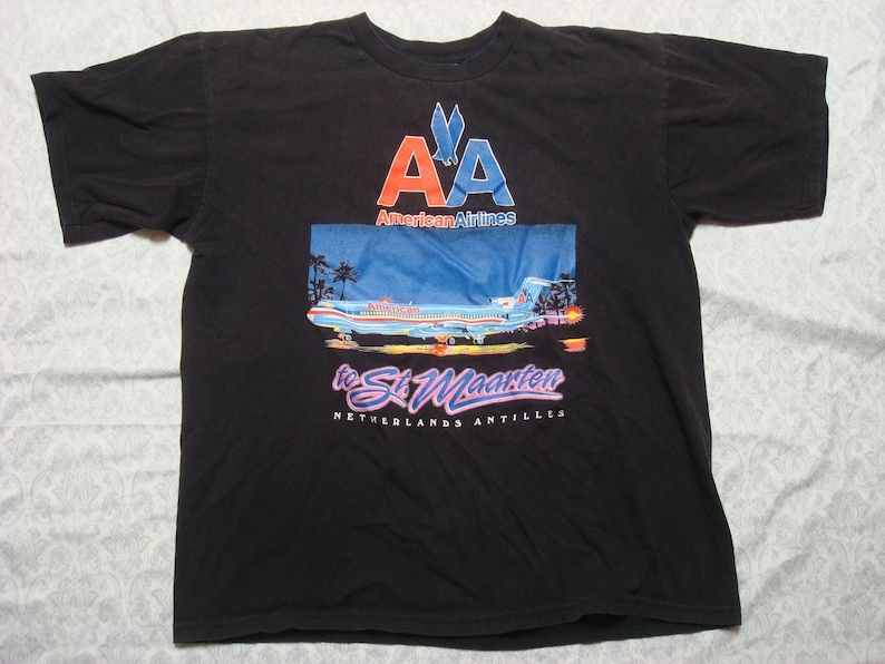 Vintage American Airlines Tee Shirt Black Pink Blue Neon Q Tees St Maarten Airplane 90S Mens Large Made In Usa