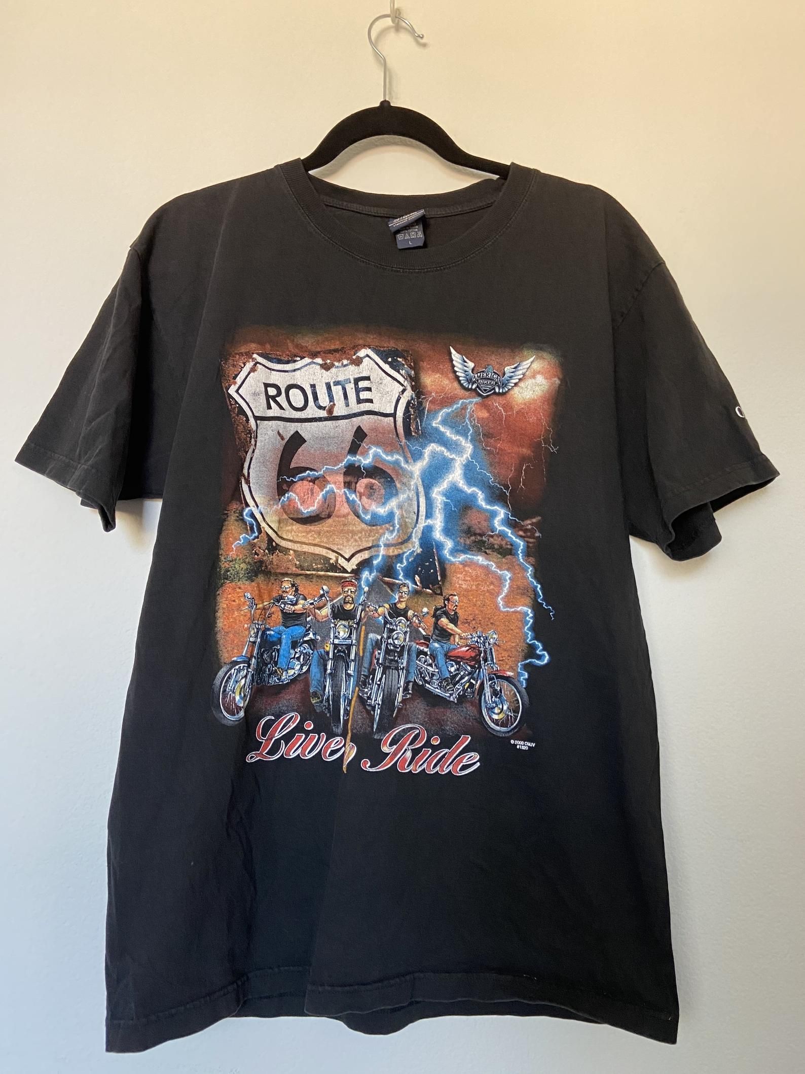 Vintage American Biker Live To Ride Route 66 Moto Lighting Graphic T-Shirt
