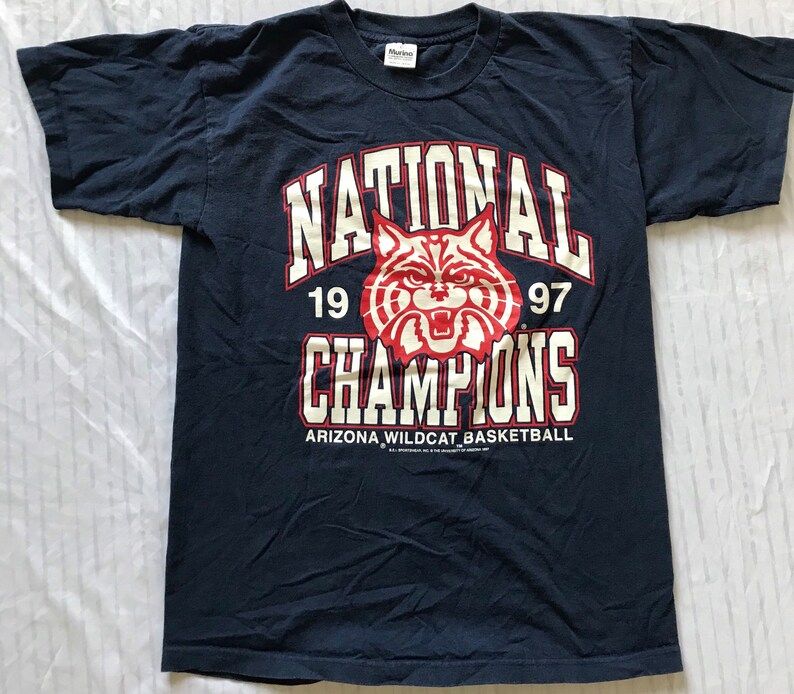 Vintage Arizona Wildcats Tee Shirt Blue 1997 Basketball Ncaa National Champions Murina 90S Mens Large Fits Like Medium Made In Usa