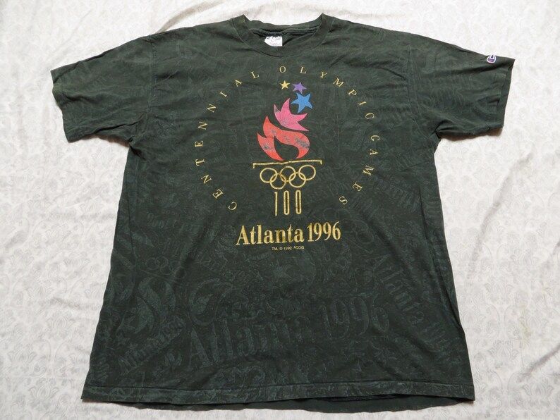 Vintage Atlanta Olympics Tee Shirt Champion 1996 Green Allover Print 90S Mens Xl Made In Usa