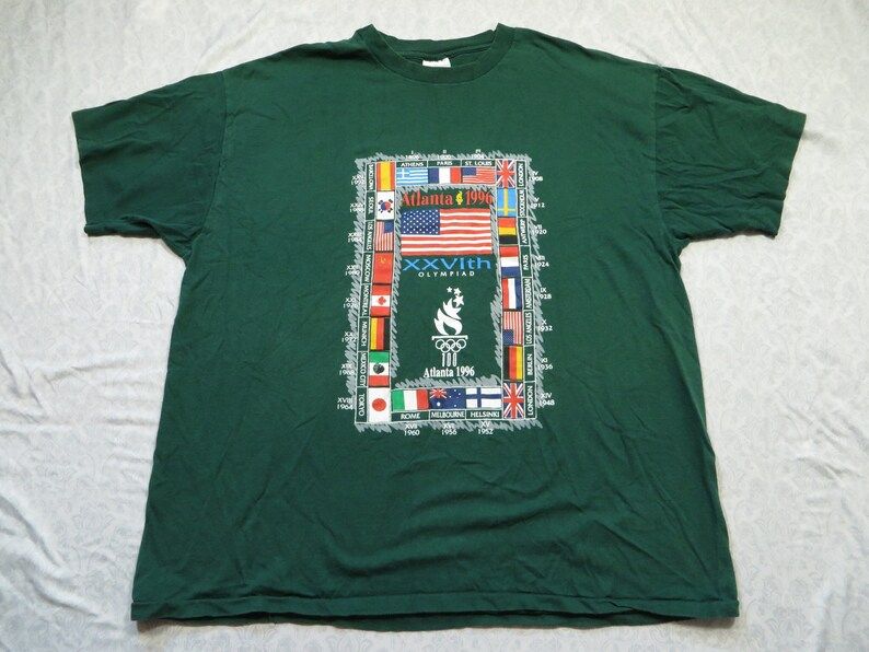 Vintage Atlanta Olympics Tee Shirt Green 1996 Grey Flags History Hanes 90S Mens