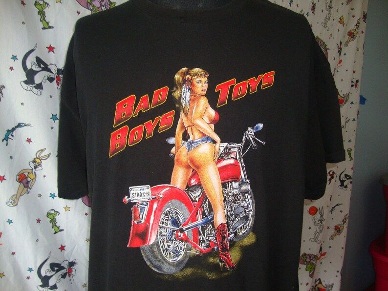 Vintage Bad Boys Bad Toys Motorcycle Biker Bike Mc Trucker Sexy Pin Up Girl T Shirt