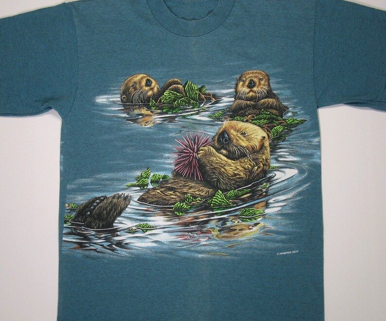 Vintage Beaver T Shirt Tee 1994 Blue Heather S M Nature Wildlife Cute Animal Colorful Wrap Around Print All Over Habitat Otter 80S 90S
