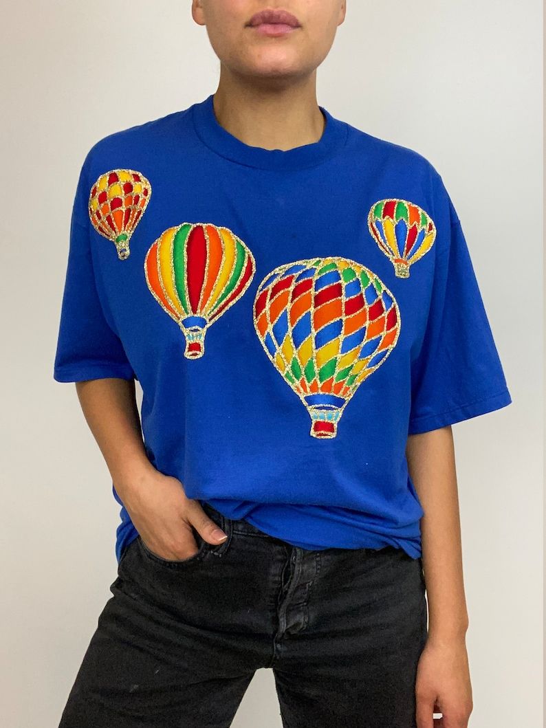 Vintage Blue Air Balloon Shirt Sparkly Goldmetallic Hot Air Balloon T Shirt Large Short Sleeve T Shirt Xl
