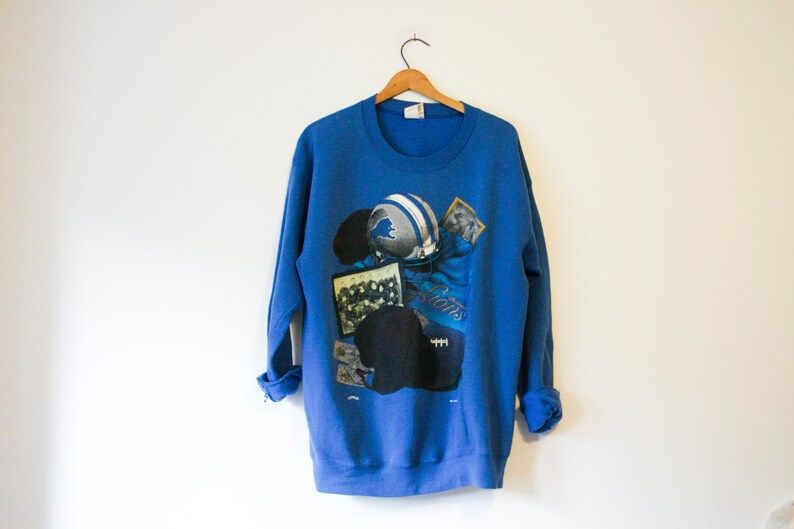 Vintage Blue Detroit Michigan Lions Football Sweatshirt Large