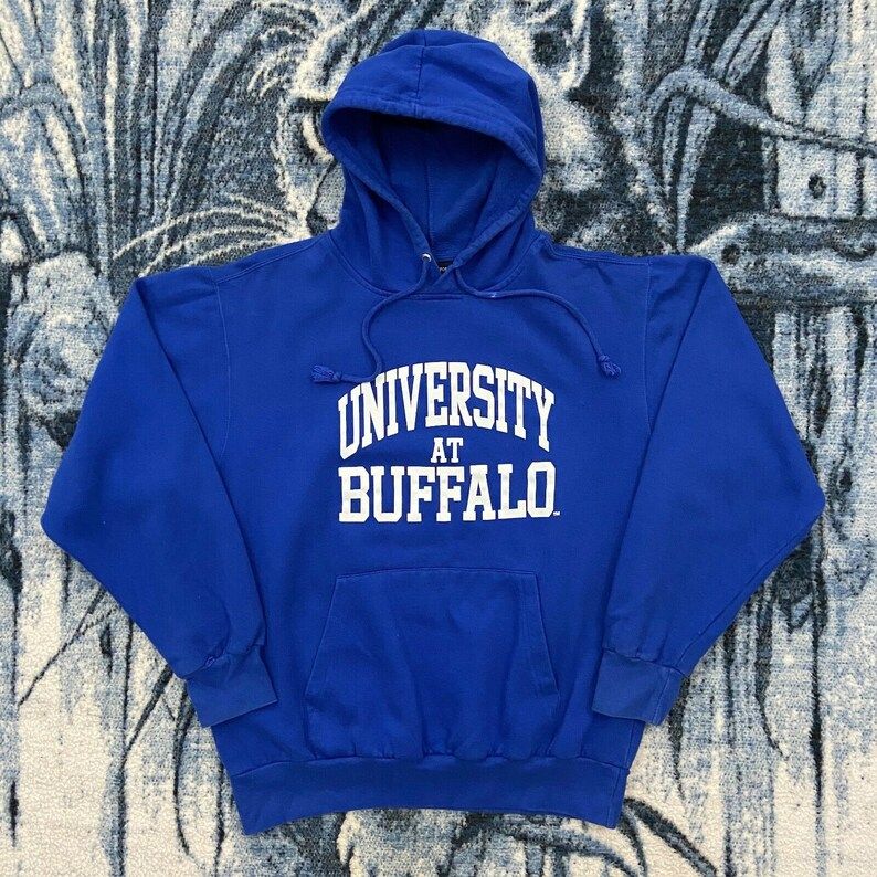 Vintage Buffalo University Hoodie New York Pullover Sweatshirt Mens Medium Blue