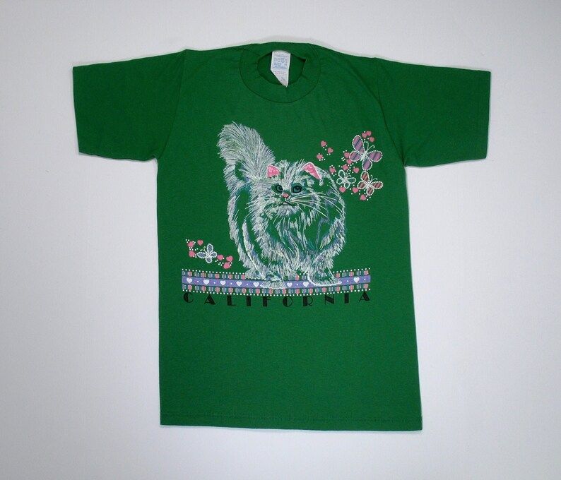 Vintage California T Shirt Cat Kitten Green Tee Xs Soft Paper Thin Kitty Cute Animal Jerzees Funny Graphic Hipster Punk West Coast