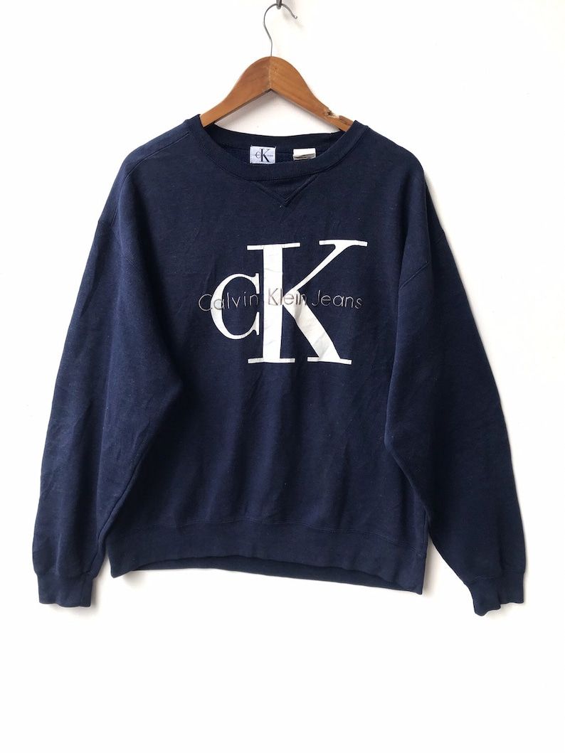 Vintage Calvin Klein Sweatshirt Spell Out Big Logo Design Navy Blue Rare