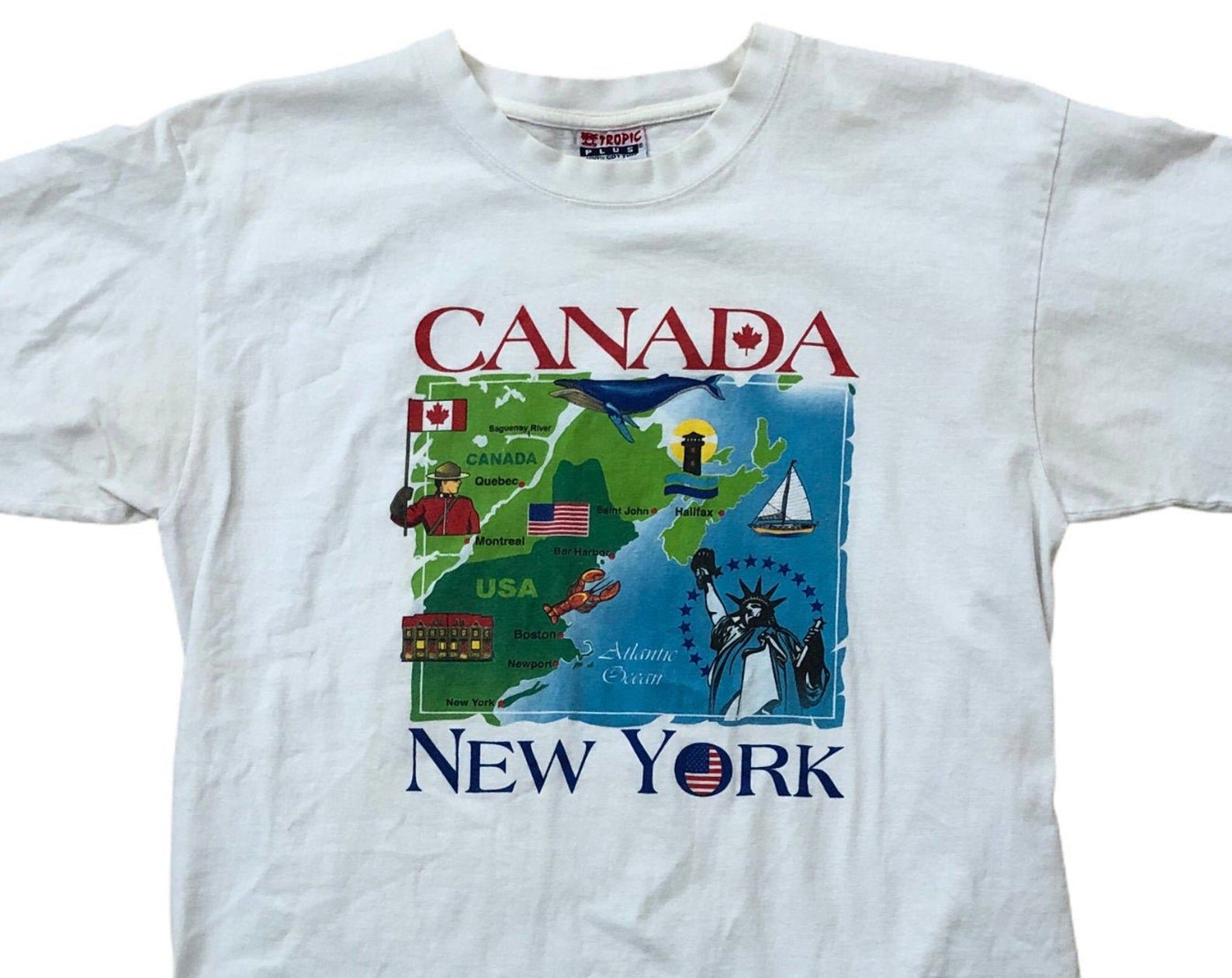 Vintage Canada New York Usa Border Map Montreal Quebec Mountie Statue Of Liberty Boston Newport Tourist Destination 90S T-Shirt