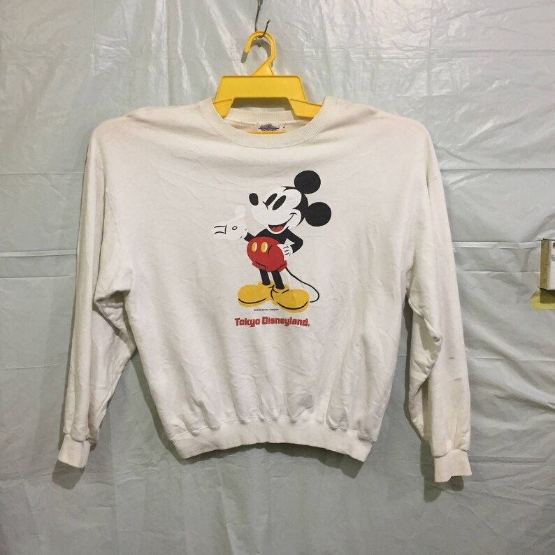 Vintage Cartoon Graphic Mickey Mouse Tokyo Disneyland Crew Neck White Sweatshirt