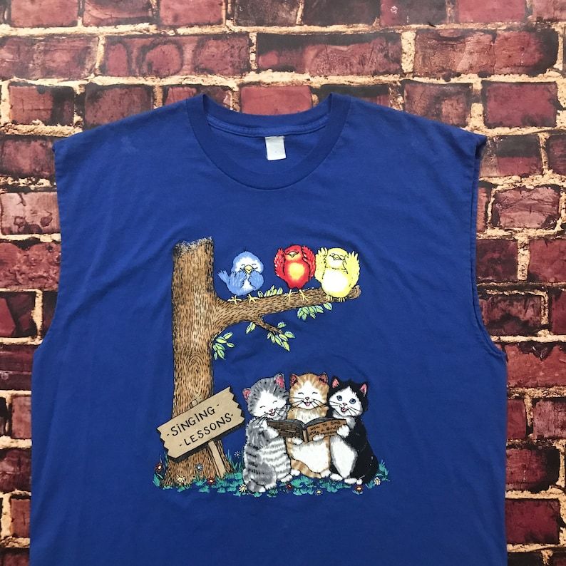 Vintage Cat Tank Top Graphic Tee Sleeveless Top Singing Cats Birds T Shirt Blue Xl