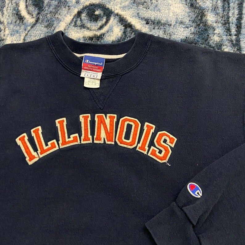 Vintage Champion Sweatshirt Illinois Men Large Y2K Crewneck Pullover Navy Blue Faded