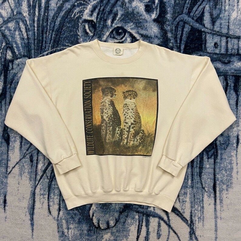 Vintage Cheetah Sweatshirt Wildlife Conservation Crewneck 90S Mens Xl Beige Nature