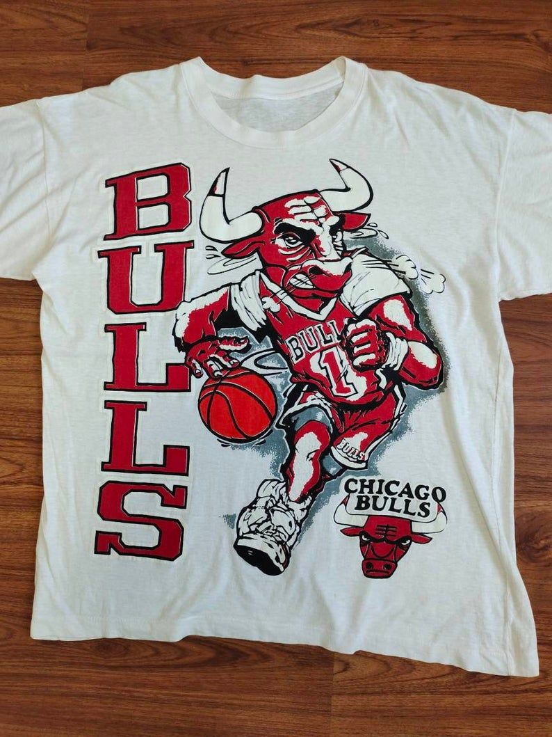 Vintage Chicago Bulls Mascot Full Print 90'S Basketball Nba Soft And Thin Shirt