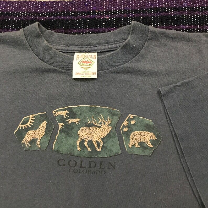 Vintage Colorado Shirt Moose Wolf Bear Graphic Tee Mens Large In Cobalt Blue Wildlife Nature Aesthetic T Shirt