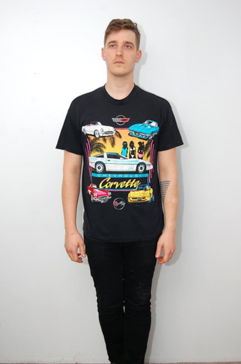 Vintage Corvette T Shirt L Black 90S Chevrolet Chevy Usa Racing Racecar Retro Neon Car Race Sportscar Sports Miami Vice Nascar Palm Tree