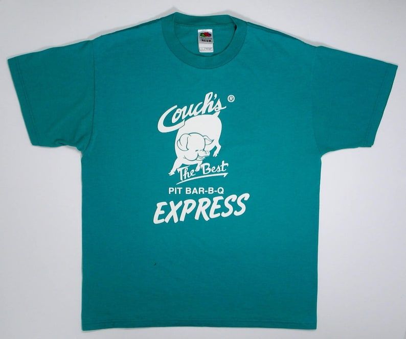 Vintage Couchs Bbq T Shirt M L 80S 90S Tee Pig Logo Turquoise Blue Green Restaurant Chattanooga Tn Ooltewah Tennessee Barbecue