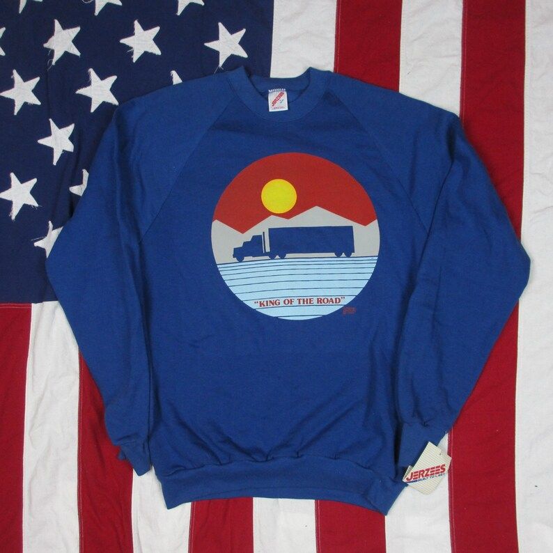 Vintage Deadstock 1980S King Of The Road Raglan Crewneck Sweatshirt Medium Large Jerzees Nwot Trucking Semi Truck 18 Wheeler Trucker Blue