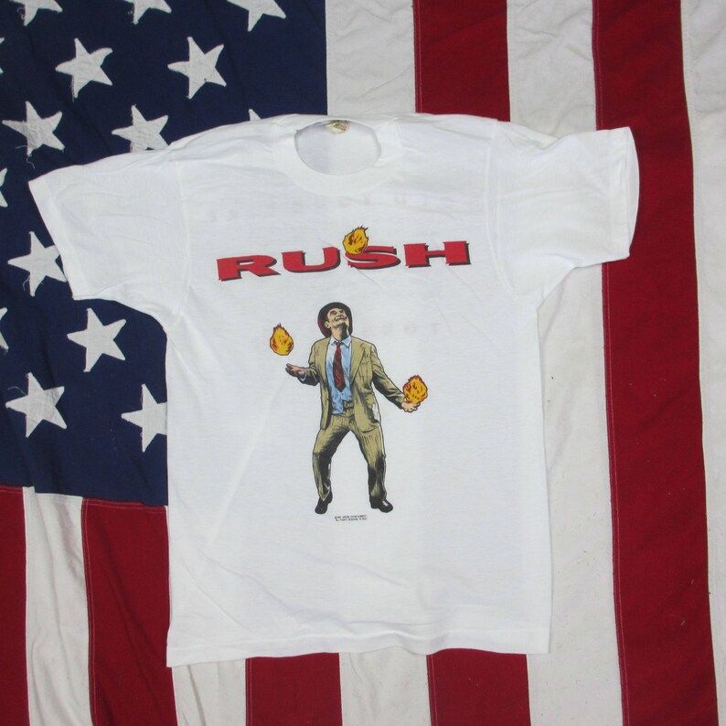 Vintage Deadstock 1980S Rush Hold Your Fire Tour T Shirt Xs S M L Dates Prog Rock Classic Music Concert White Soft Thin Screen Stars