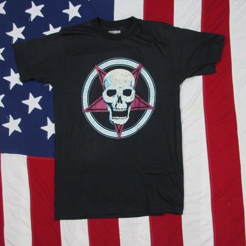 Vintage Deadstock 1980S Skull And Pentagram Graphic T Shirt Xs Small Hanes 50 50 Made In Usa Soft And Thin Runes Satanic Occult