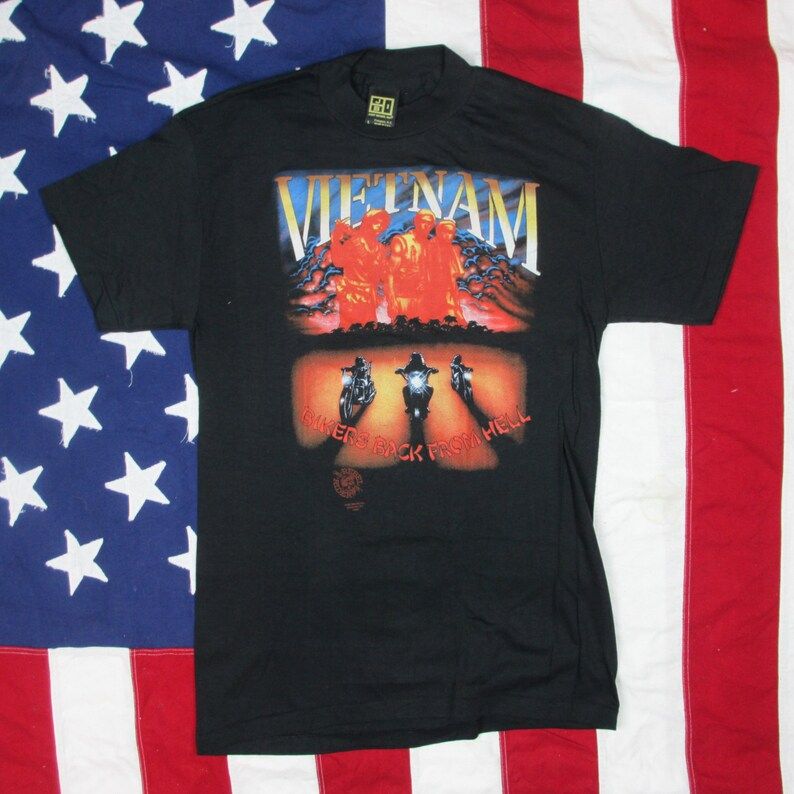 Vintage Deadstock 1990 Vietnam Bikers Back From Hell Graphic T Shirt Large Xl Just Brass 3D Emblem 50 50 Soft And Thin Harley Motorcycle